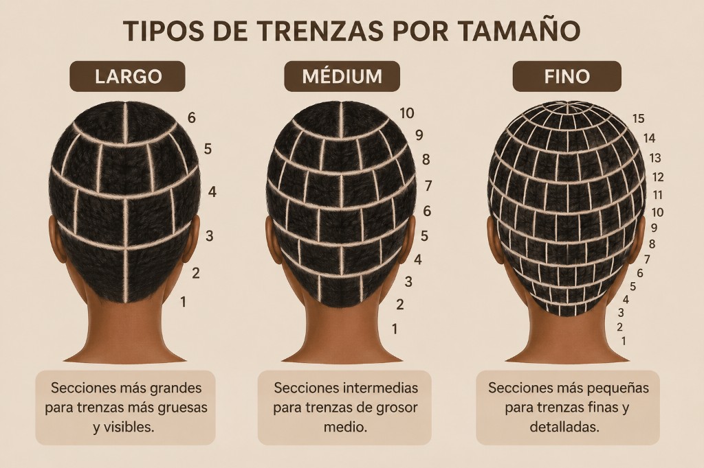 Referencia visual: secciones del cuero cabelludo para trenzas finas, medias y gruesas