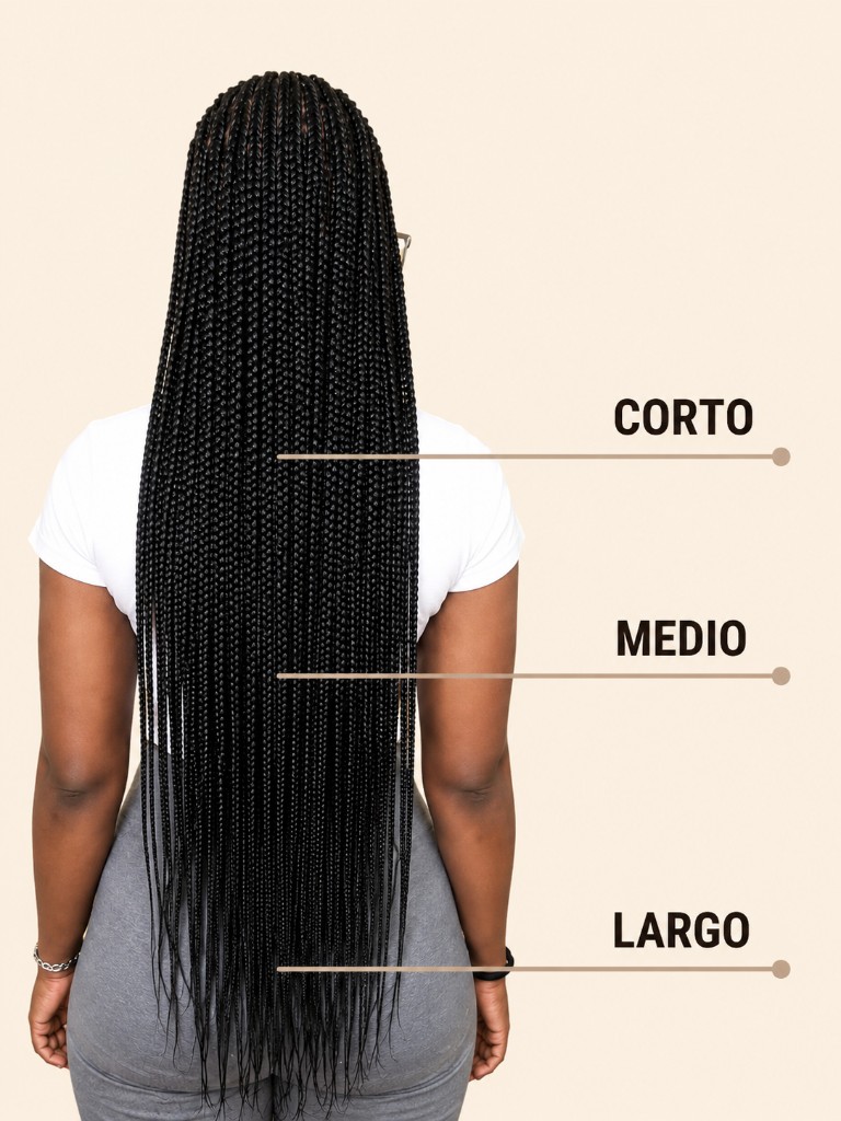 Referencia visual: trenzas cortas, medias y largas en la espalda